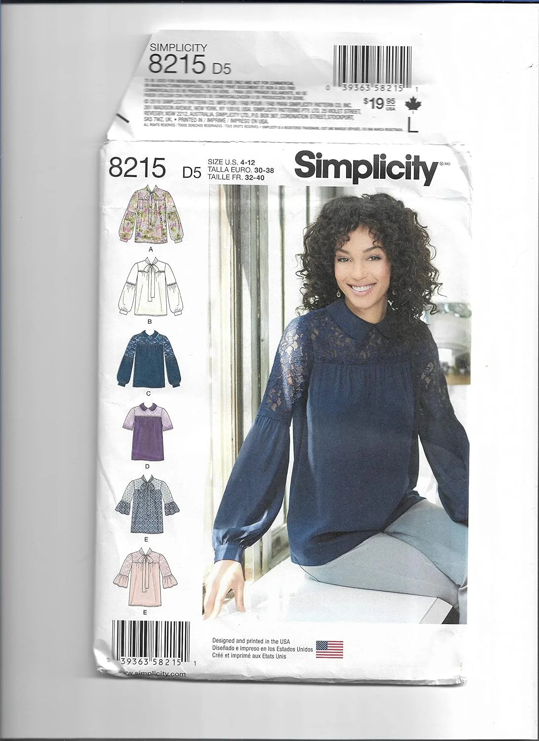 الگوی سادگی 8215 بلوز زنانه با پاپیون یا یقه و مدل های مختلف آستین، کاغذی، سفید، 22 x 15 x 1 سانتی متر