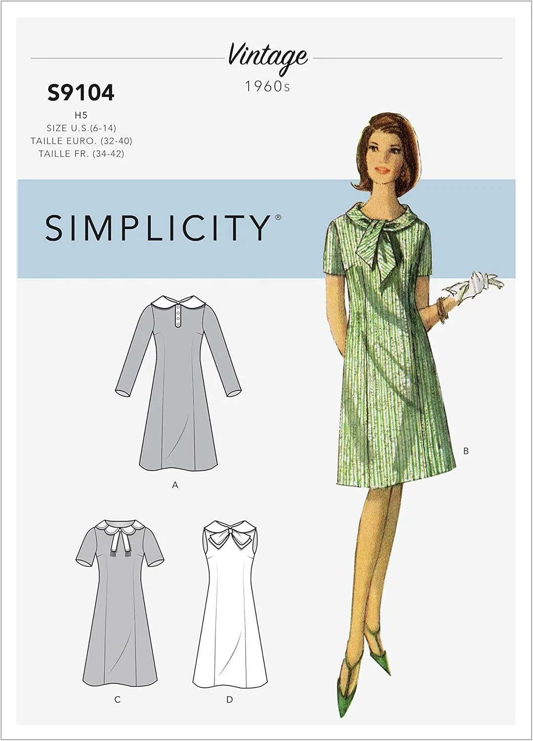 الگوی خیاطی سادگی S9104، لباس های زنانه وینتیج با آستین و یقه های متنوع، سایزهای مختلف، H5 (6-8-10-12-14)