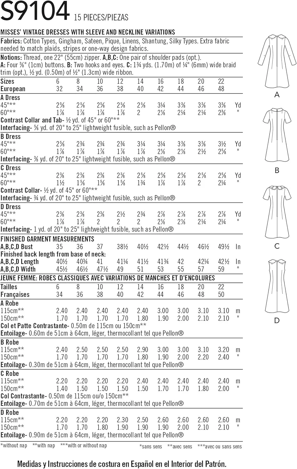 الگوی خیاطی سادگی S9104، لباس های زنانه وینتیج با آستین و یقه های متنوع، سایزهای مختلف، H5 (6-8-10-12-14)