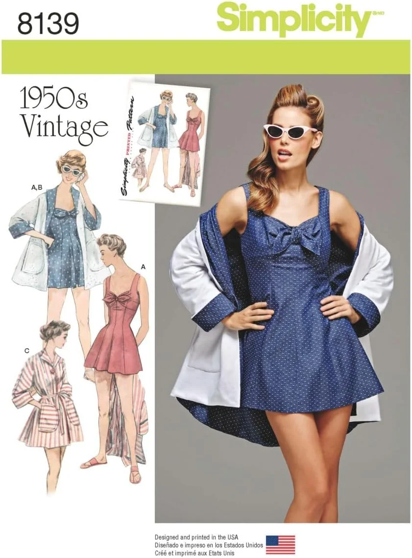 الگوی سادگی 8139 لباس شنای قدیمی زنانه و کت ساحلی، کاغذی، سفید، فرش تک رنگ عاجی سایز: 160x230 سانتی متر