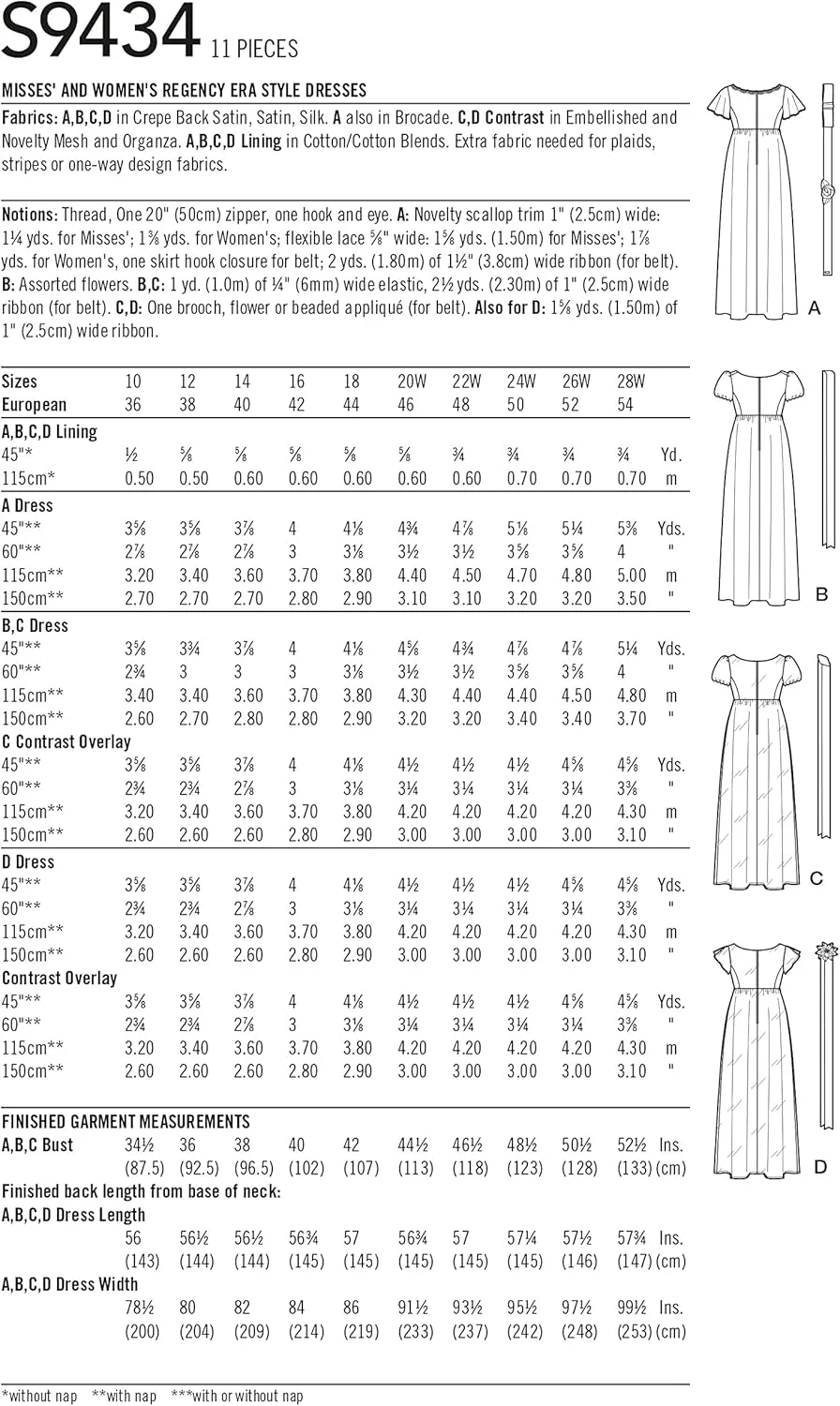 الگوی خیاطی سادگی S9434، لباس‌های زنانه و دخترانه به سبک دوران نیابت سلطنت، سفید، SS9434BB