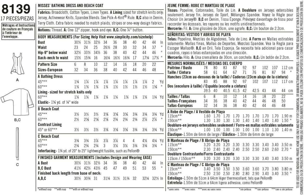 الگوی سادگی 8139 لباس شنای قدیمی زنانه و کت ساحلی، کاغذی، سفید، فرش تک رنگ عاجی سایز: 160x230 سانتی متر