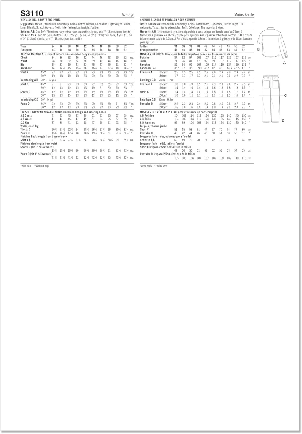 الگوی خیاطی مردانه SIMPLICITY مدل SS3110AA برای پیراهن، شورت و شلوار سایز AA (34-36-38-40-42)