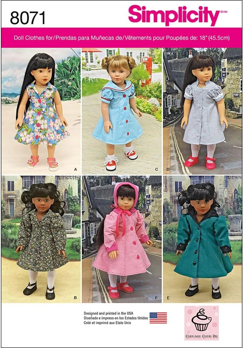 الگوی خیاطی سادگی 8071OS با الهام از لباس های عروسک 18 اینچی قدیمی، کاغذی، سفید، OS (تک سایز)