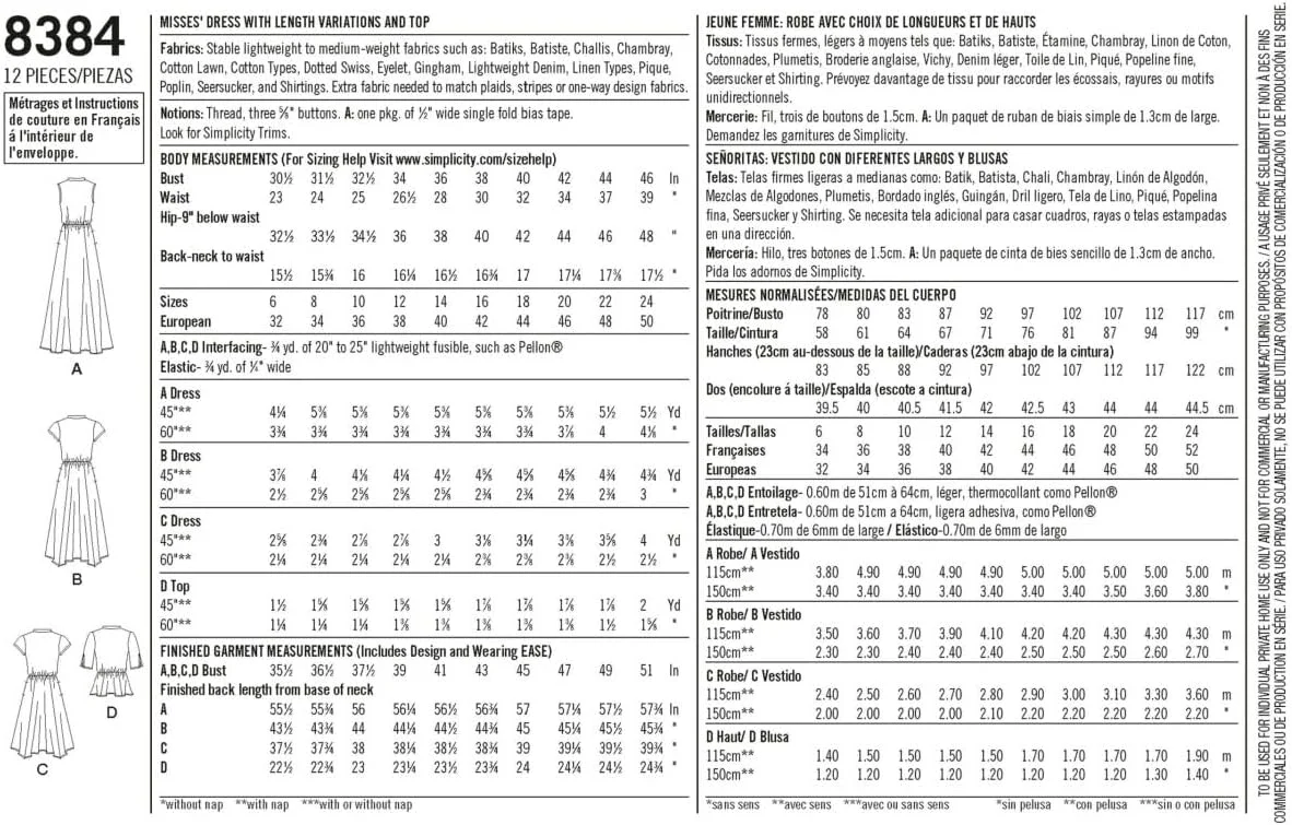 الگوی سادگی 8384 لباس زنانه با تغییرات قد و تاپ، کاغذی، سفید، 22 x 15 x 1 سانتی متر