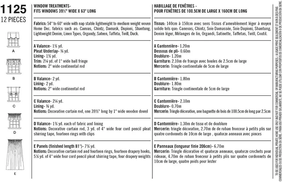 الگوهای سادگی 1125 برای پرده، تک سایز