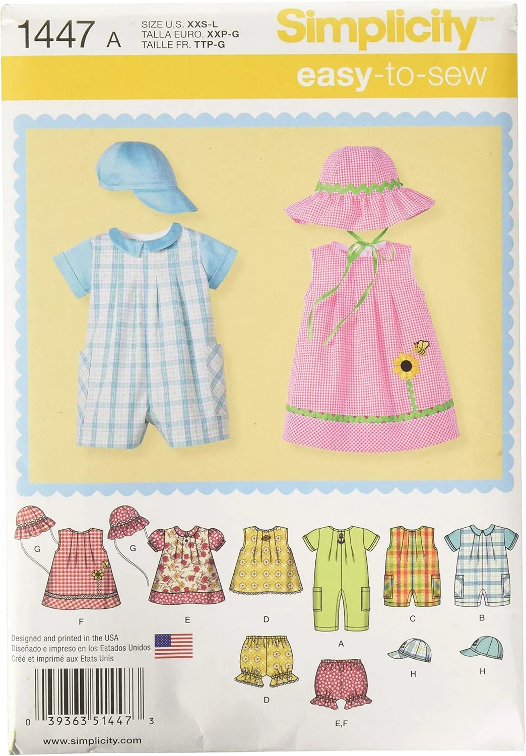 الگوهای خیاطی لباس نوزاد Simplicity 1447 شامل رامپر، پیراهن، تاپ، لباس زیر و کلاه، سایزهای XXS-L