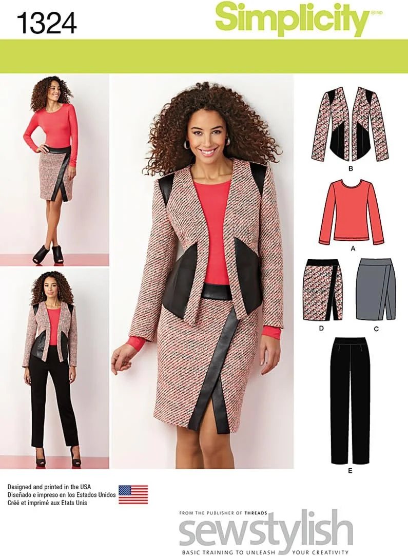 الگوی خیاطی سادگی 1324: شلوار باریک زنانه، دامن طرح دار، ژاکت و تاپ بافتنی، سایز U5