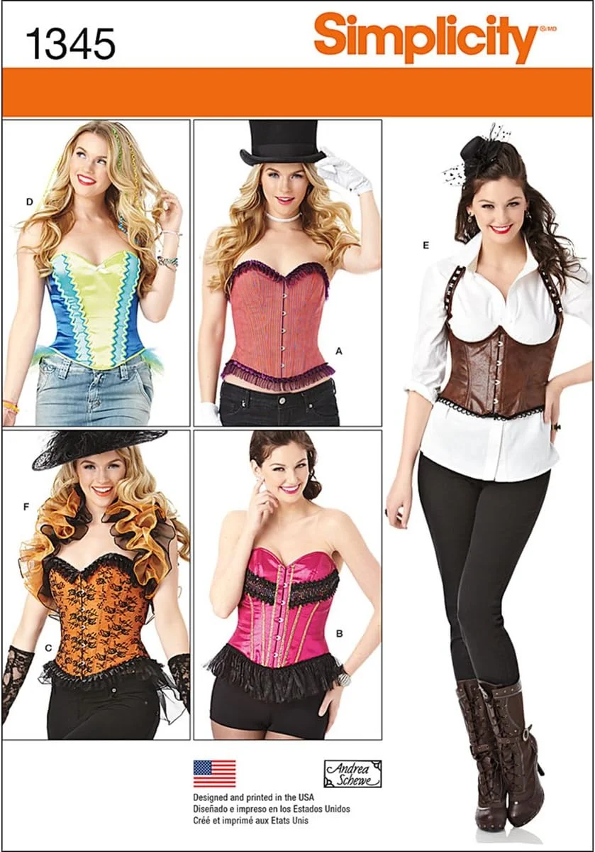 الگوی خیاطی سادگی 1345: کرست و شال چین دار زنانه، سایز H5، کاغذی، سفید، (6-8-10-12-14)