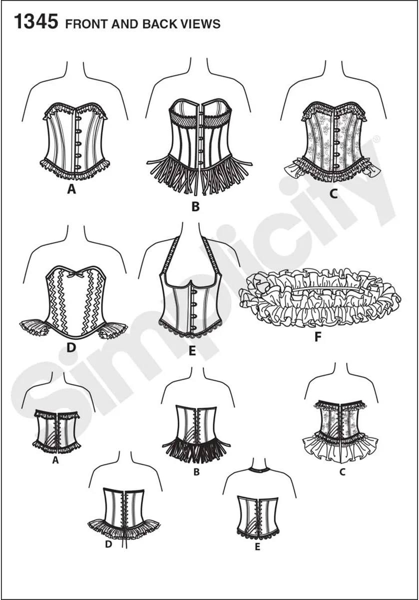 الگوی خیاطی سادگی 1345: کرست و شال چین دار زنانه، سایز H5، کاغذی، سفید، (6-8-10-12-14)