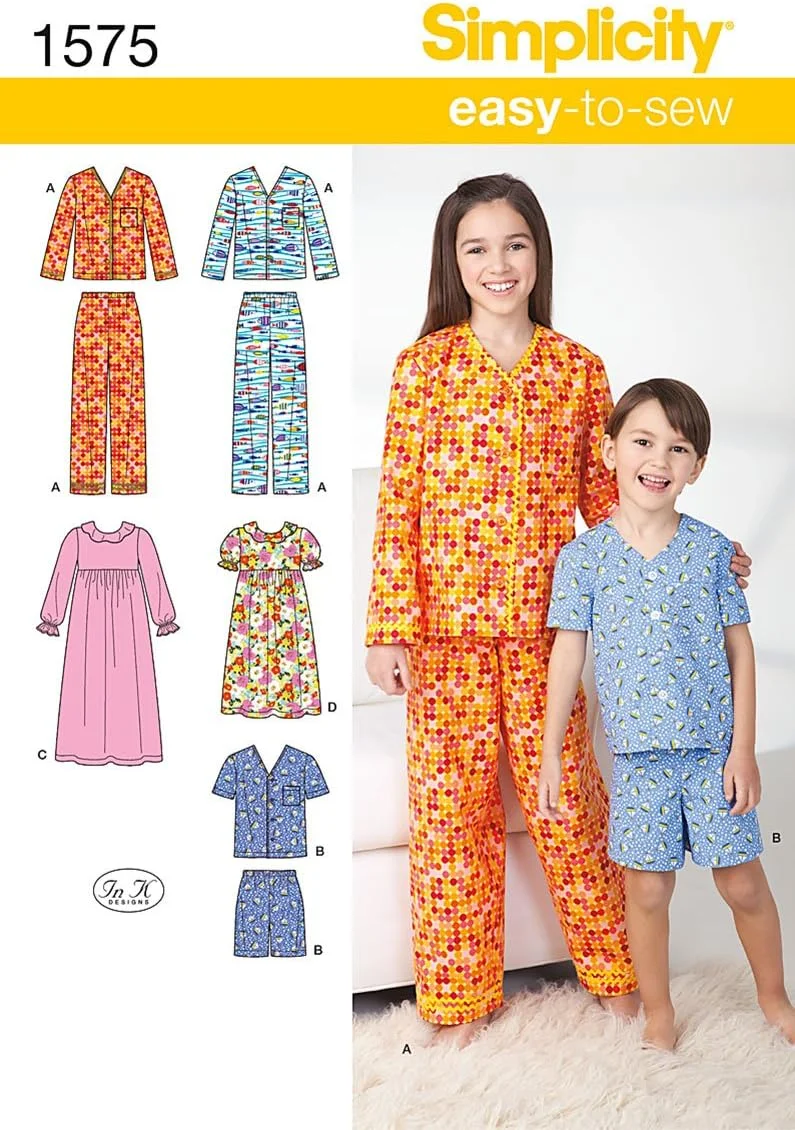 الگوی خیاطی سادگی 1575: لباس راحتی کودک، دخترانه و پسرانه، سایز، کاغذی، سفید، K5 (7-8-10-12-14)