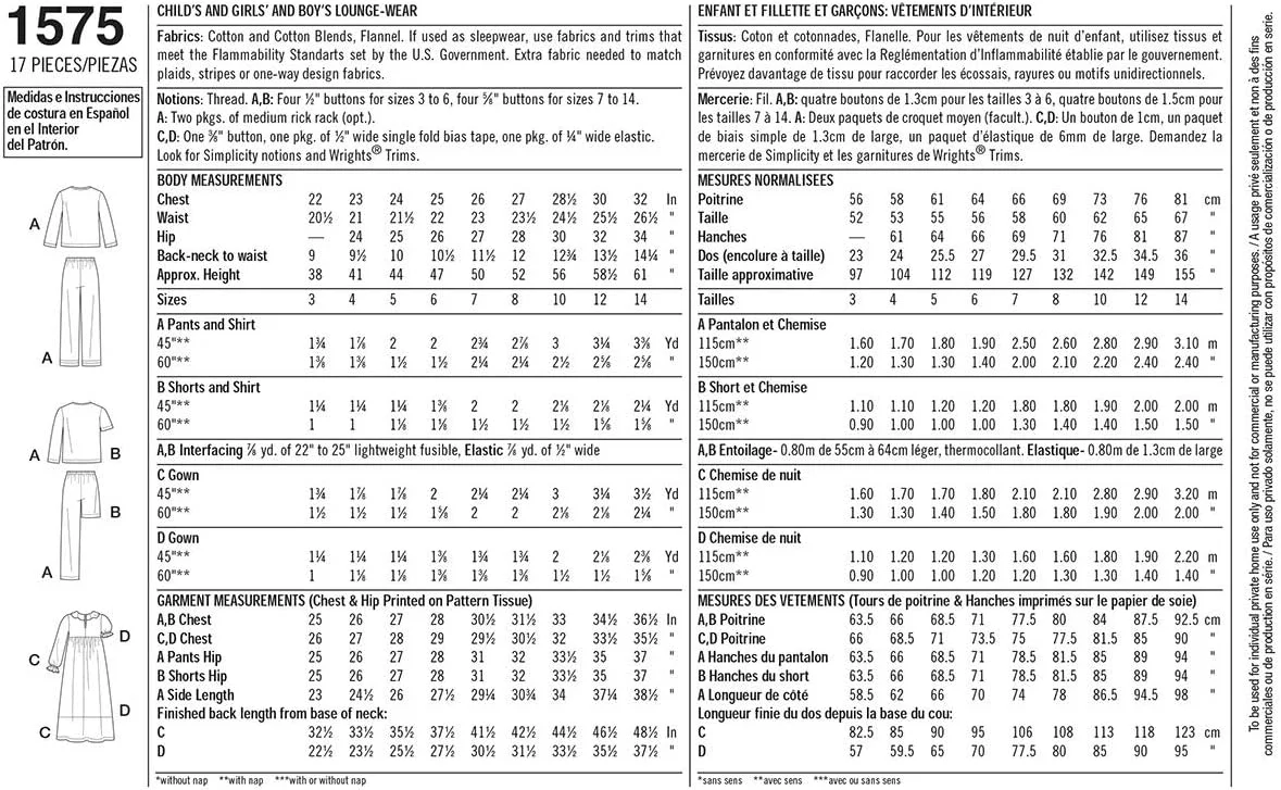 الگوی خیاطی سادگی 1575: لباس راحتی کودک، دخترانه و پسرانه، سایز، کاغذی، سفید، K5 (7-8-10-12-14)