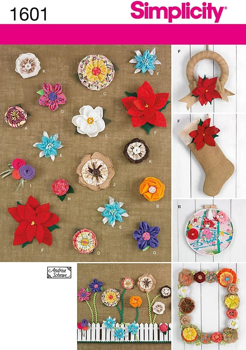 الگوی خیاطی سادگی 1601: گل های پارچه ای، سایز OS، قرمز، سفید، آبی، سبز، زرد، چند رنگ