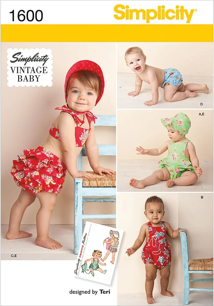 الگوی خیاطی سادگی 1600: ست رامپر وینتیج نوزاد، سایز A، کاغذی، سفید، A (XXS-XS-S-M-L)