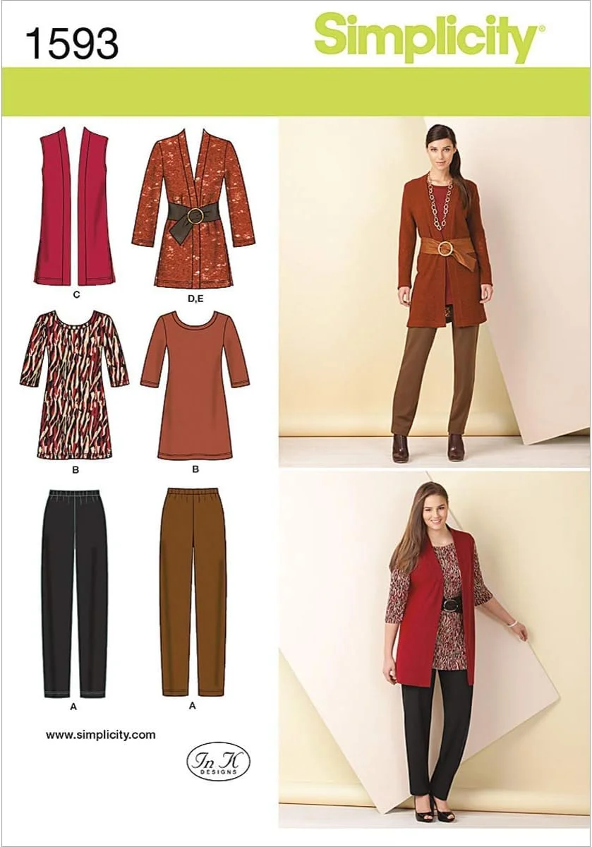 الگوی خیاطی سادگی 1593: لباس های بافتنی جداگانه زنانه و سایز بزرگ، سایز AA