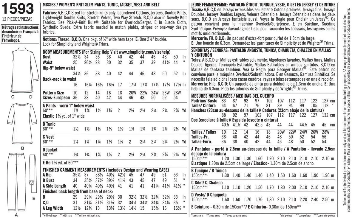 الگوی خیاطی سادگی 1593: لباس های بافتنی جداگانه زنانه و سایز بزرگ، سایز AA