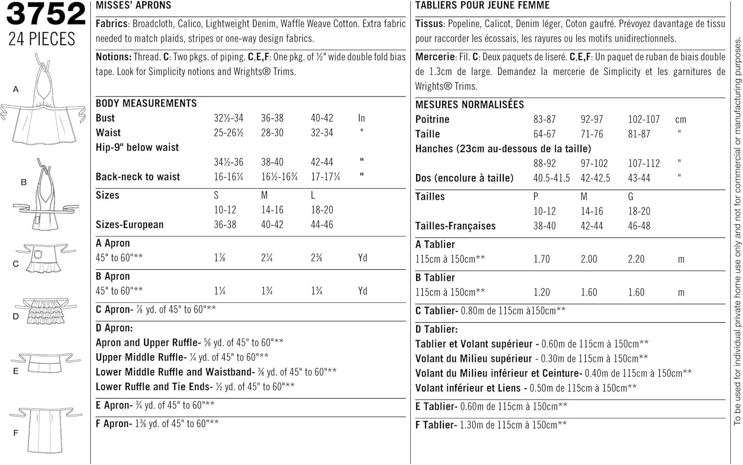 الگوی خیاطی سادگی 3752 پیش بند زنانه، سایز A (S-M-L)