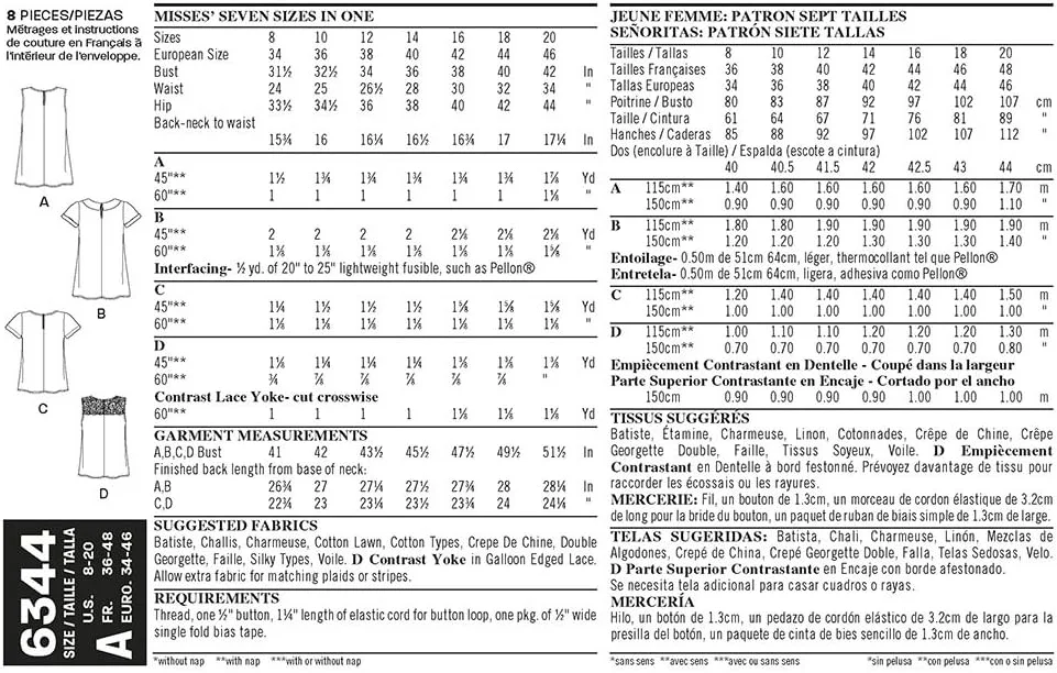 الگوی خیاطی Simplicity New Look 6344: تاپ های زنانه در دو قد، سایز A، سفید، A (8-10-12-14-16-18-20)