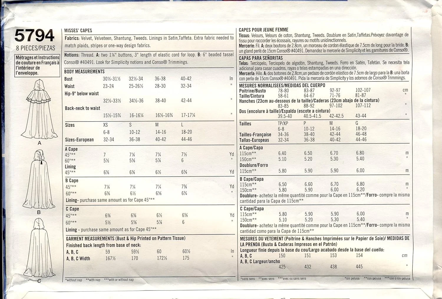 الگوی خیاطی سادگی 5794 - مناسب برای دوخت - شنل زنانه 3 مدل - سایز XS تا L