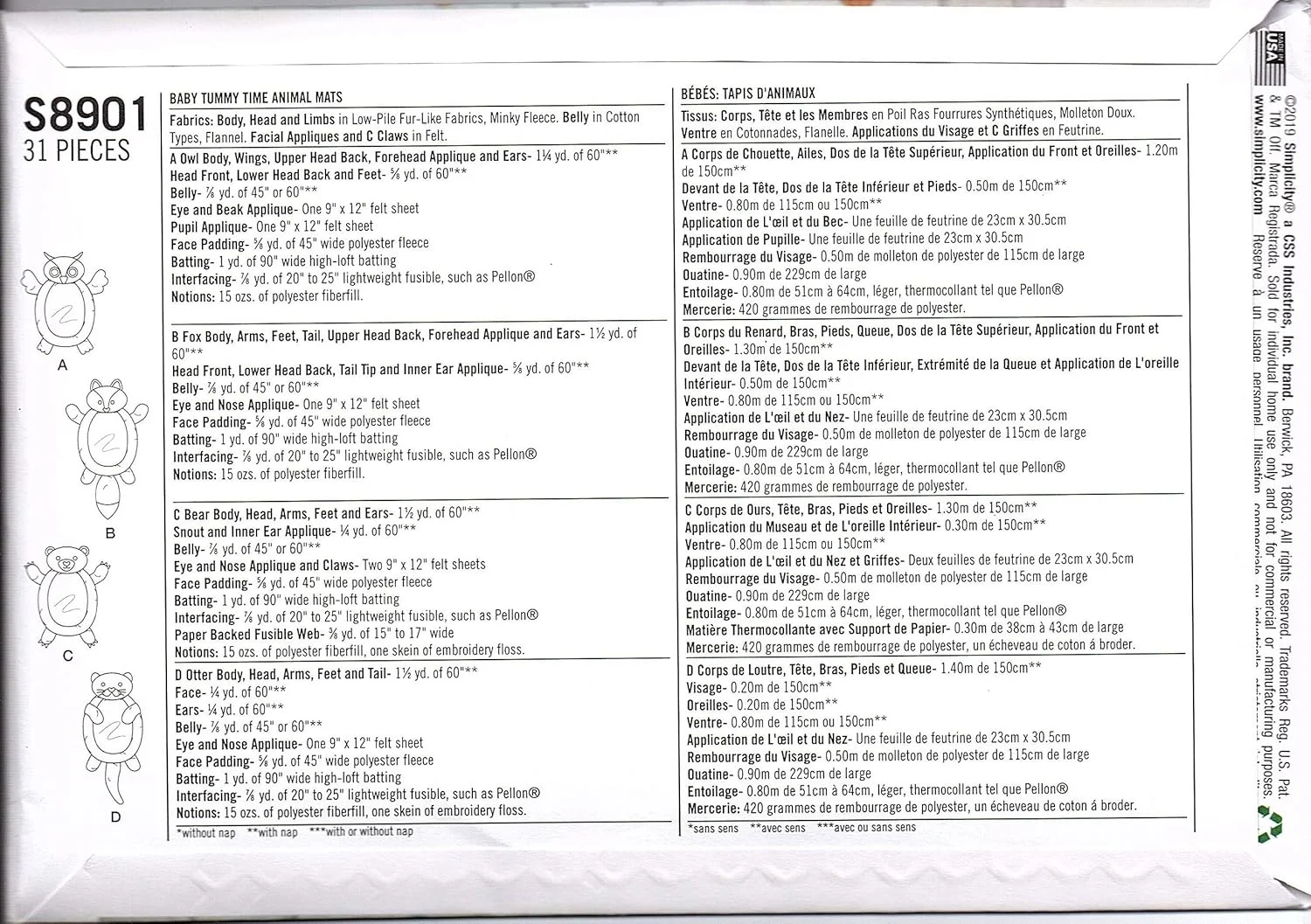 الگوی خیاطی سادگی S8901 تشک های حیوانات برای زمان بازی نوزاد، کاغذی، سفید، متنوع