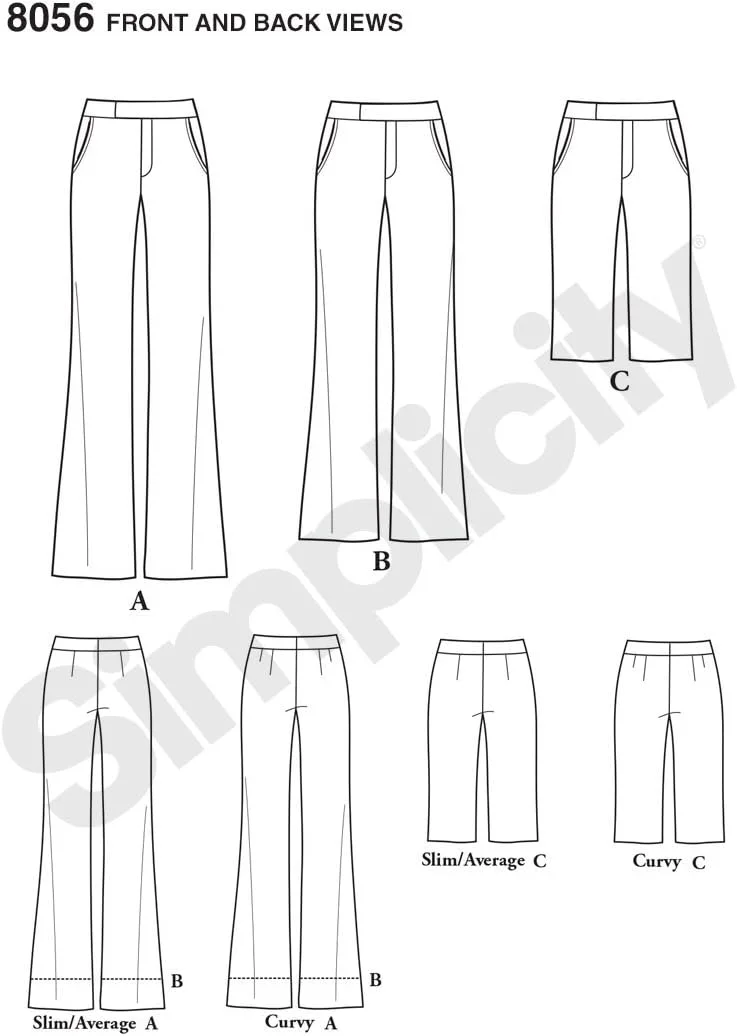 الگوی خیاطی سادگی 8056BB مناسب سایزهای بزرگ و زنانه، شلوار یا شورت دمپا گشاد، کاغذی، سفید، BB (20W-28W)