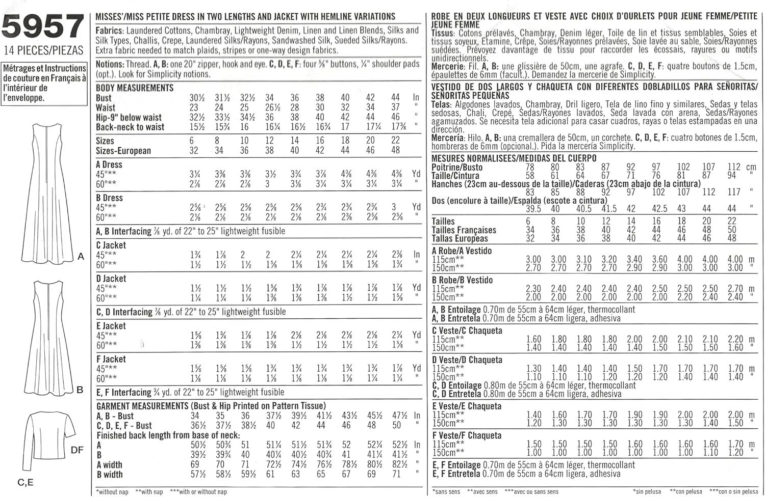 الگوی خیاطی سادگی 5957R، لباس و ژاکت زنانه، سایز 14-22