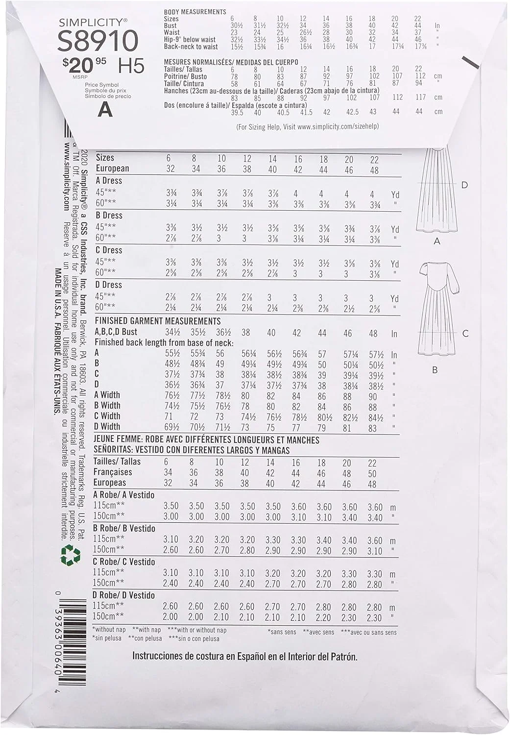 الگوی خیاطی سادگی S8910، لباس زنانه، سایز H5 (6-8-10-12-14)
