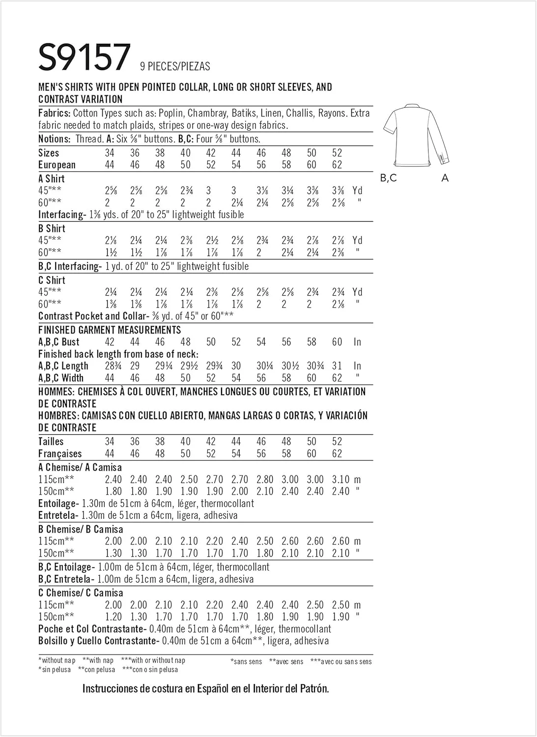 الگوی خیاطی مردانه سادگی S9157 پیراهن های یقه نوک تیز باز، AA (34-36-38-40-42)