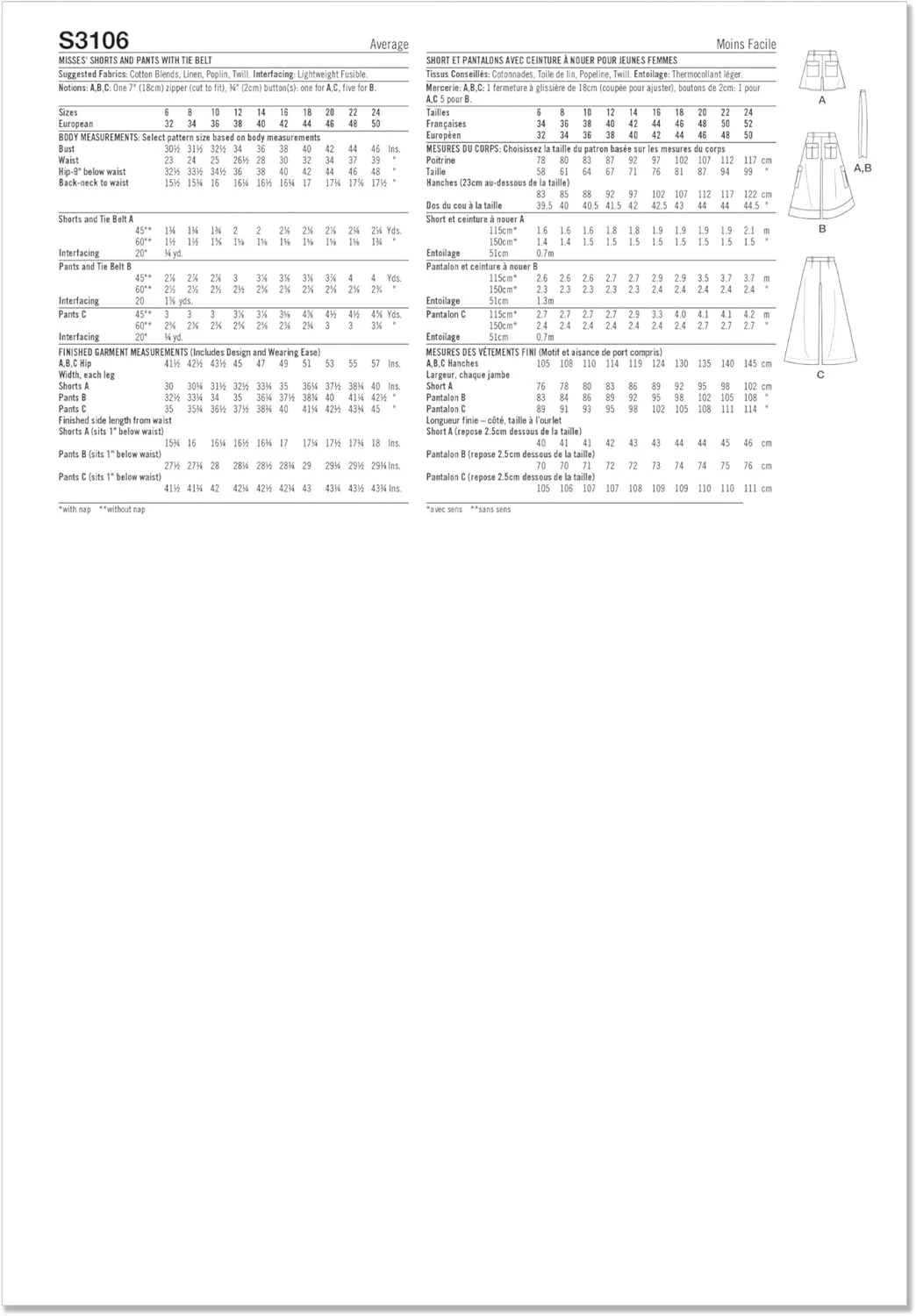 الگوی خیاطی شلوارک و شلوار پا گشاد زنانه Simplicity SS3106U5، کد طراحی S3106، سایزهای 16-18-20-22-24