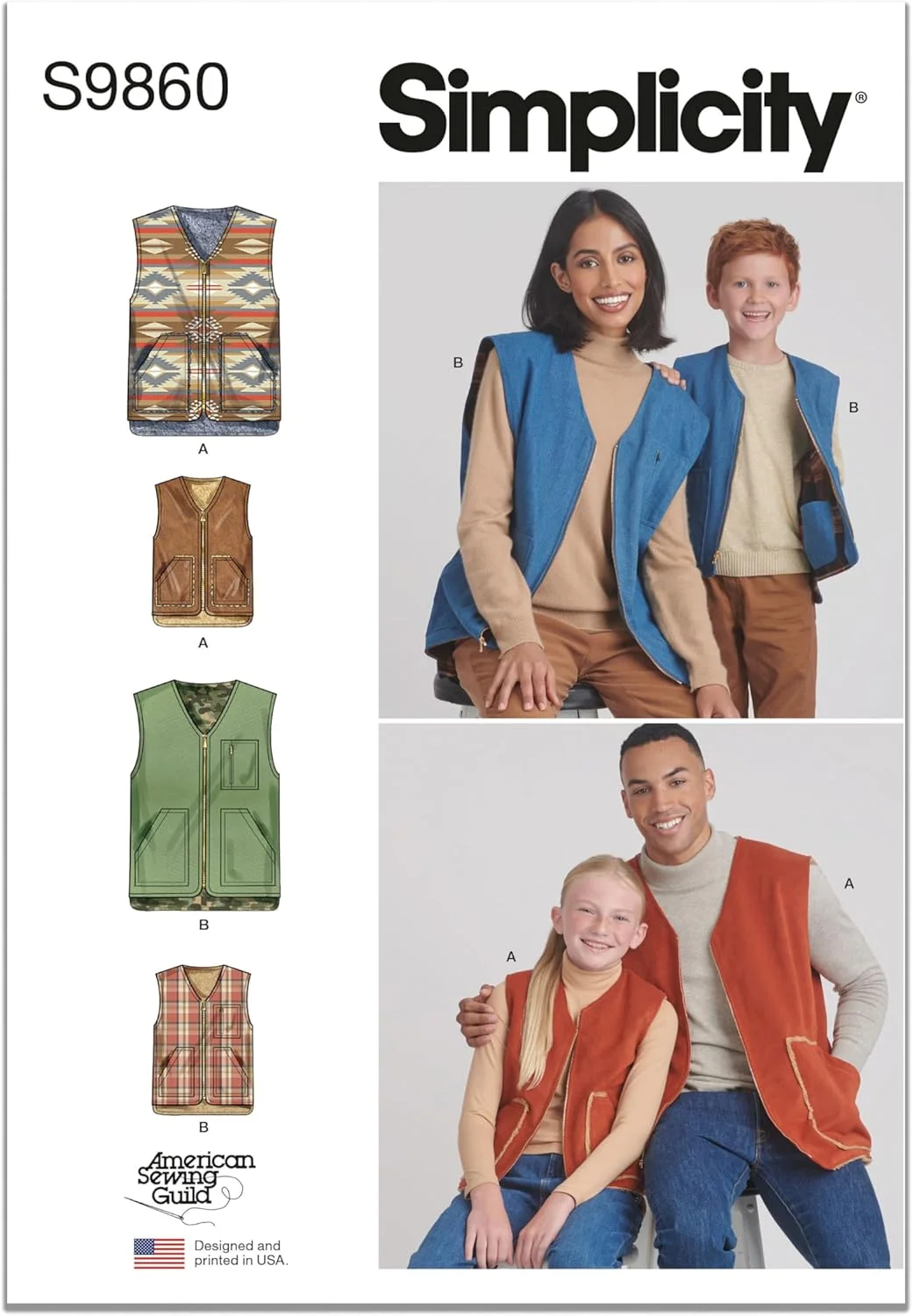الگو خیاطی سیمپلیسی SS9860A جلیقه های آستردار برای کودکان، نوجوانان و بزرگسالان انجمن خیاطی آمریکا A (XS - L/XS - XL)