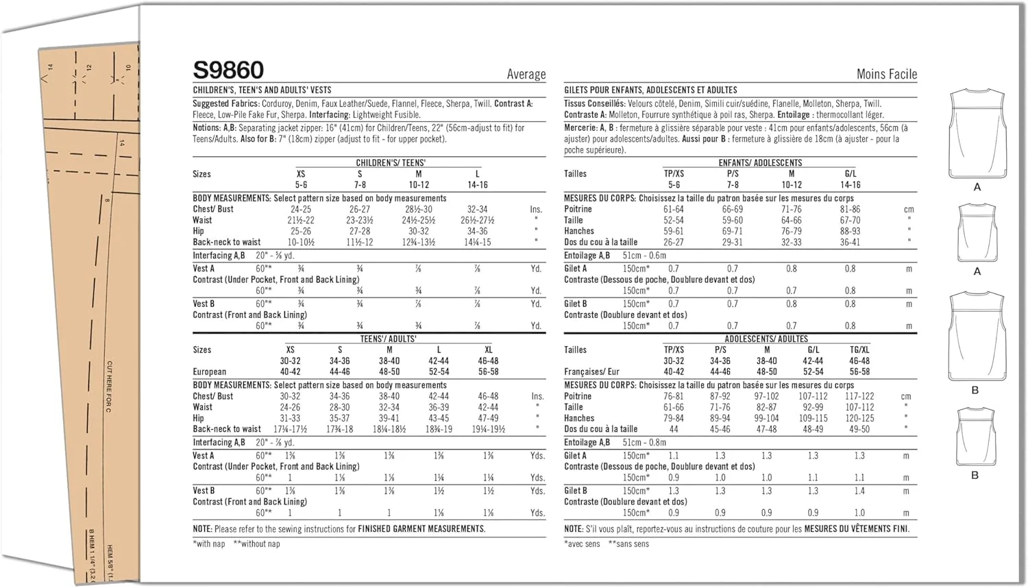 الگو خیاطی سیمپلیسی SS9860A جلیقه های آستردار برای کودکان، نوجوانان و بزرگسالان انجمن خیاطی آمریکا A (XS - L/XS - XL)