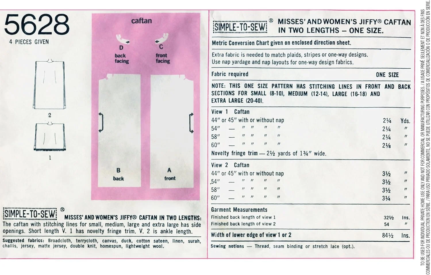 کیت الگوی خیاطی کافتان زنانه مدل Simplicity UV5628OS، مد دهه 1970، کد 5628، سایزهای 8-40