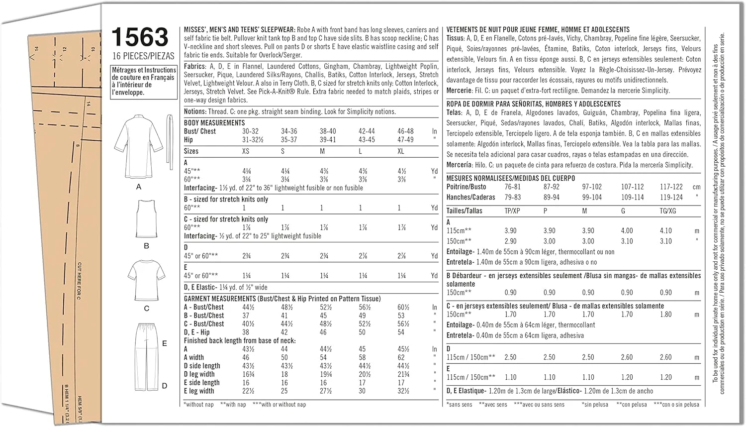 الگوهای خیاطی پیژامه زنانه، مردانه و نوجوانانه Simplicity 1563، سایز XS-XL