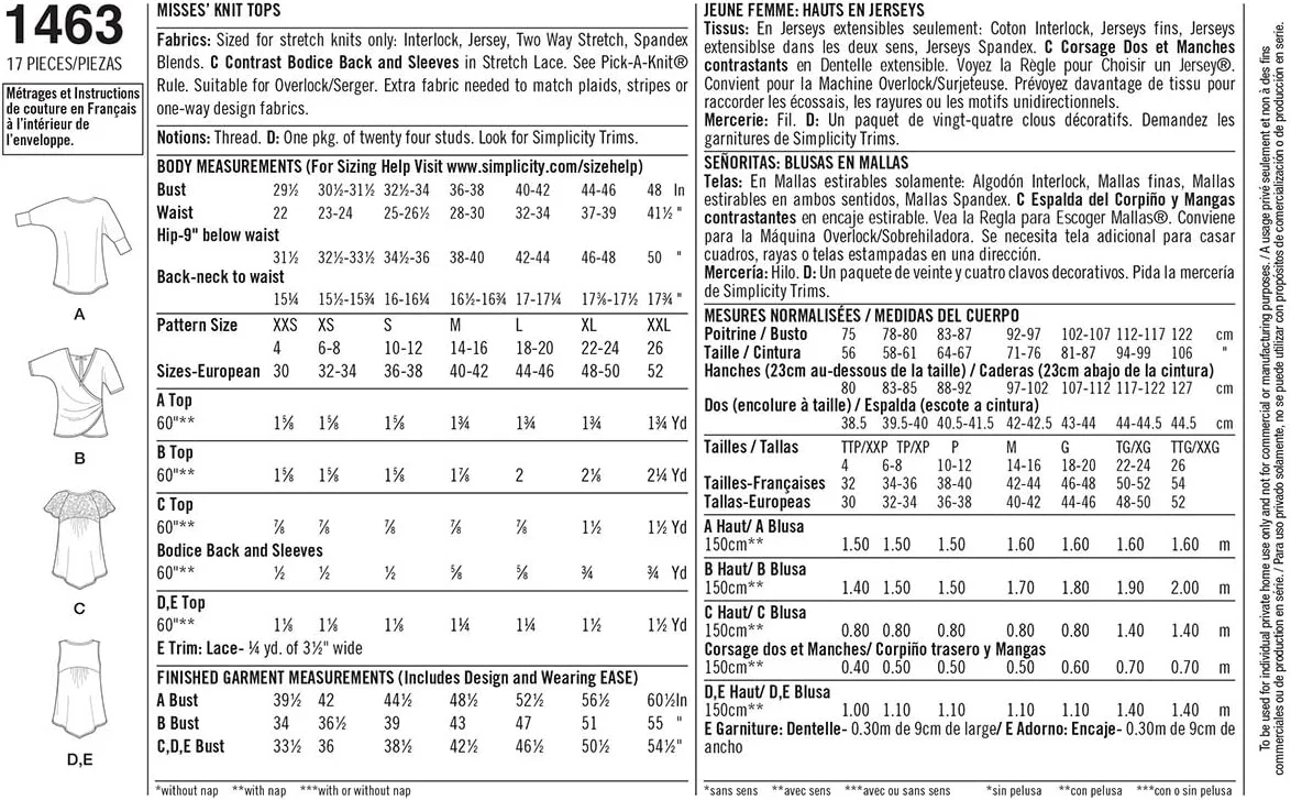 الگوهای خیاطی تاپ بافتنی زنانه Simplicity 1463 اثر Karen Z، سایزهای XXS-XXL