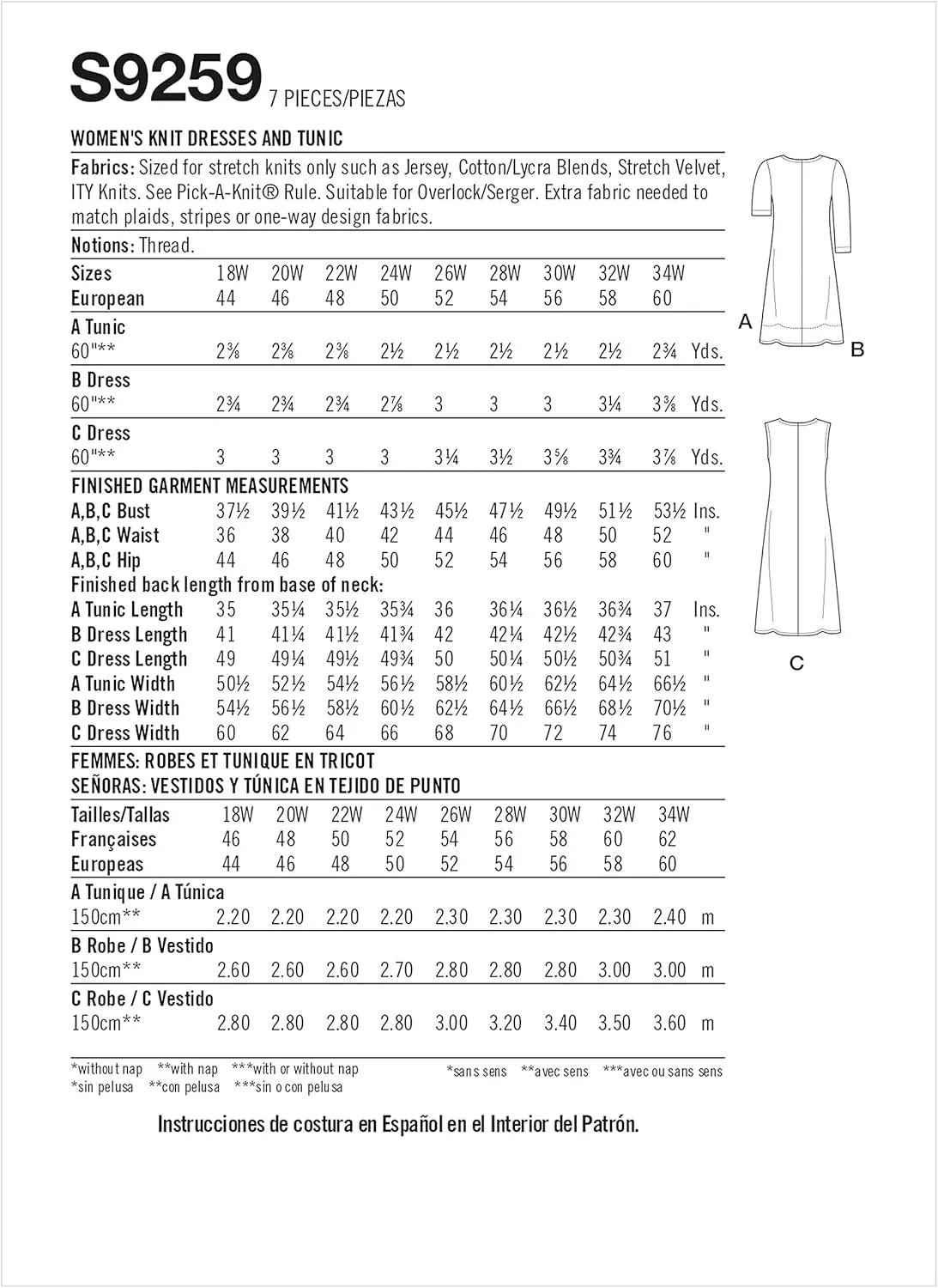 الگوی خیاطی تونیک و پیراهن بافتنی زنانه Simplicity، کد 9259، سایز 26W-34W، سفید