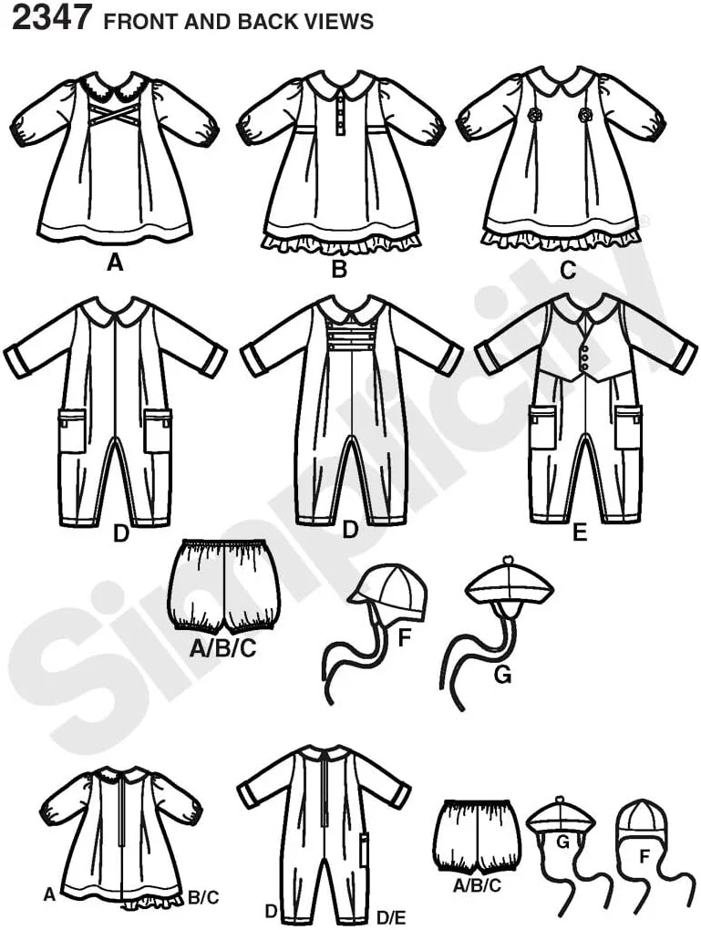 الگوی خیاطی سادگی 2347 برای لباس سرهمی و پیراهن نوزادان در سایزهای XXS-XS-S-M-L
