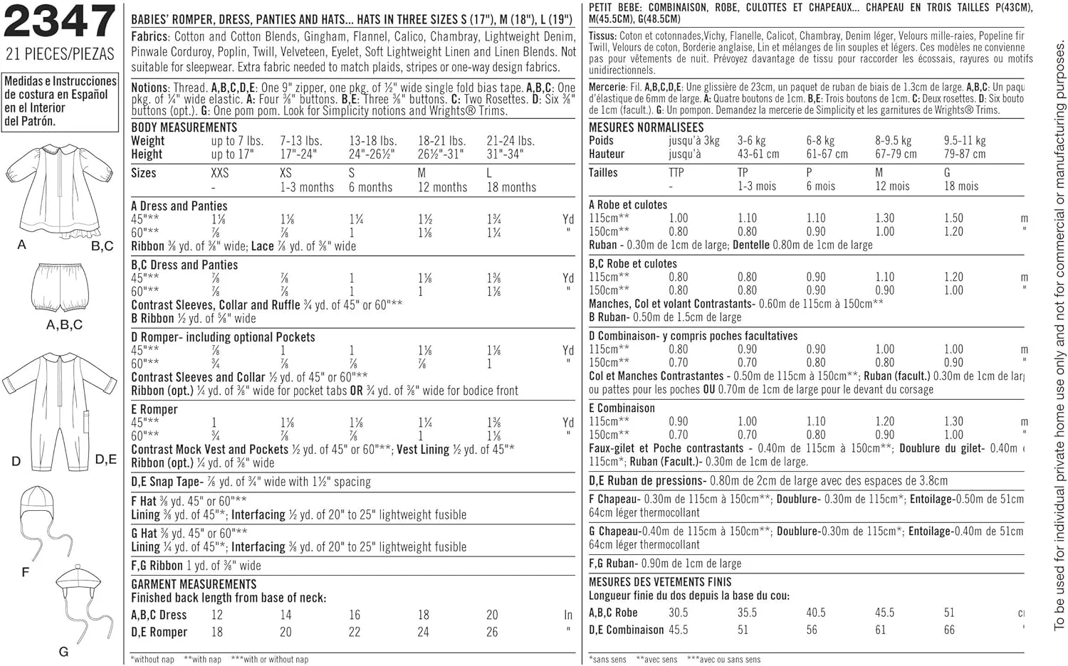 الگوی خیاطی سادگی 2347 برای لباس سرهمی و پیراهن نوزادان در سایزهای XXS-XS-S-M-L