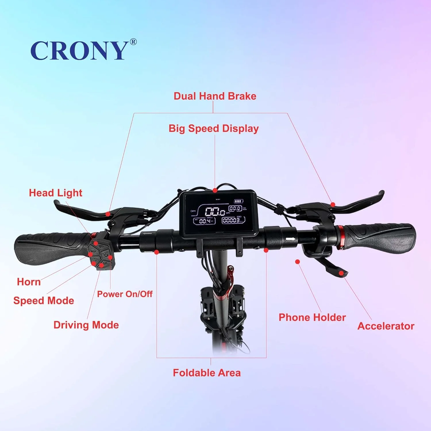 اسکوتر برقی CRONY T4 با نمایشگر LCD بزرگ، موتور 2000 واتی، سرعت 40-65 کیلومتر در ساعت، کنترل هوشمند برنامه، چراغ های جلوی LED سه گانه و طراحی تاشو با قفل هوشمند و حالت چشمک زن، سیستم تعلیق جلو/عقب اسکوتر برقی CRONY T4 با نمایشگر LCD بزرگ، موتور 2000 واتی، سرعت 40-65 کیلومتر در ساعت، کنترل هوشمند برنامه، چراغ های جلوی LED سه گانه و طراحی تاشو با قفل هوشمند و حالت چشمک زن، سیستم تعلیق جلو/عقب