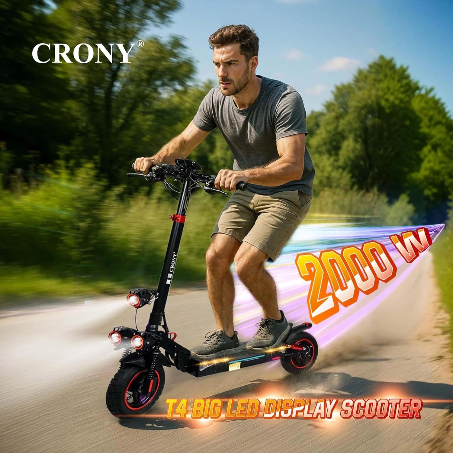 اسکوتر برقی CRONY T4 با نمایشگر LCD بزرگ، موتور 2000 واتی، سرعت 40-65 کیلومتر در ساعت، کنترل هوشمند برنامه، چراغ های جلوی LED سه گانه و طراحی تاشو با قفل هوشمند و حالت چشمک زن، سیستم تعلیق جلو/عقب اسکوتر برقی CRONY T4 با نمایشگر LCD بزرگ، موتور 2000 واتی، سرعت 40-65 کیلومتر در ساعت، کنترل هوشمند برنامه، چراغ های جلوی LED سه گانه و طراحی تاشو با قفل هوشمند و حالت چشمک زن، سیستم تعلیق جلو/عقب