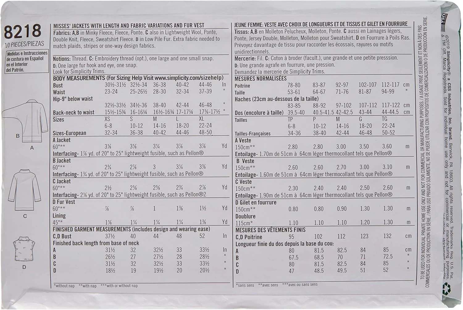 الگوی خیاطی آسان Simplicity 8218 برای کت و جلیقه آستردار زنانه، سایز XS-XL