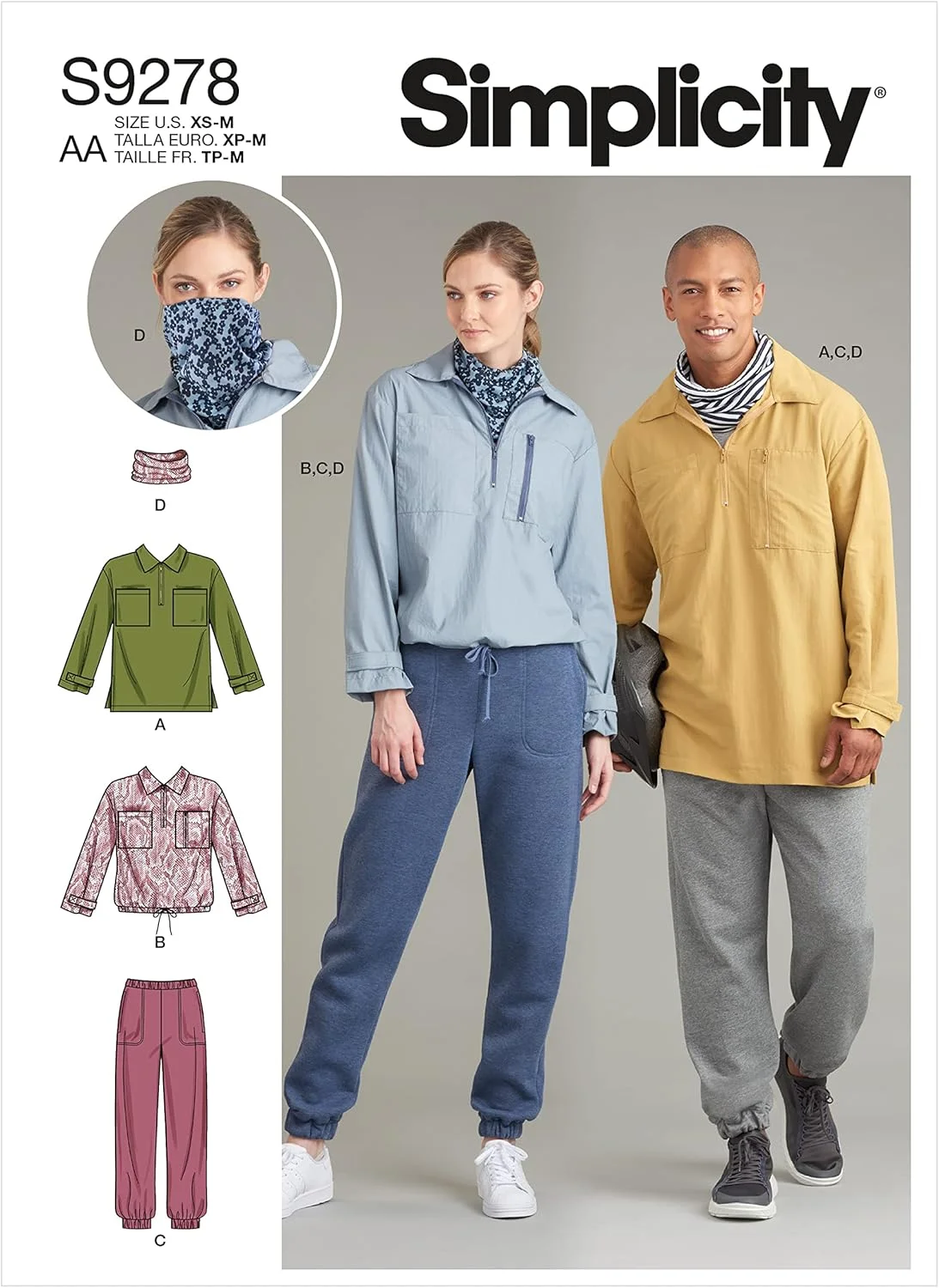 الگوی خیاطی سادگی کد 9278، بسته تاپ های نیم زیپ مردانه و زنانه، گردن پوش و شلوار کشی، سایز XS-M، سفید