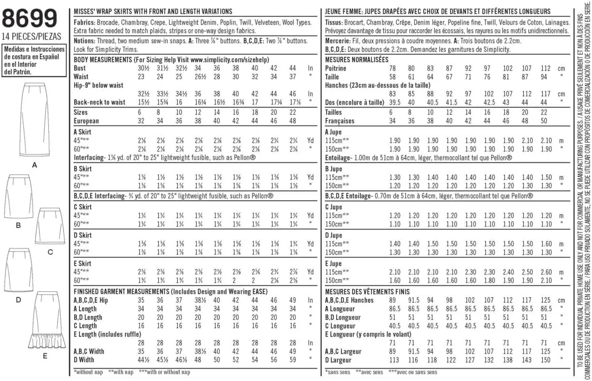 الگوهای خیاطی دامن جلو بسته زنانه Simplicity، سایزهای 14-22