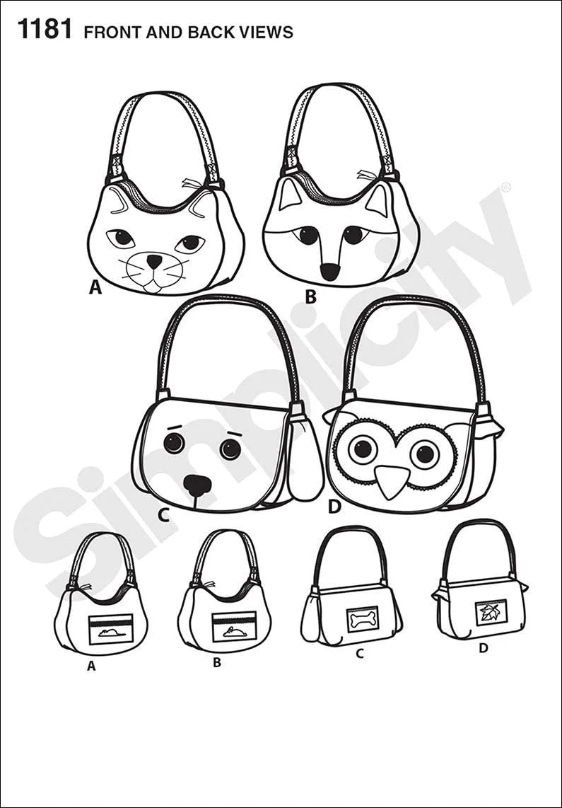 الگوهای خیاطی کیف پول حیوانات بامزه Simplicity US1181OS، فقط یک سایز