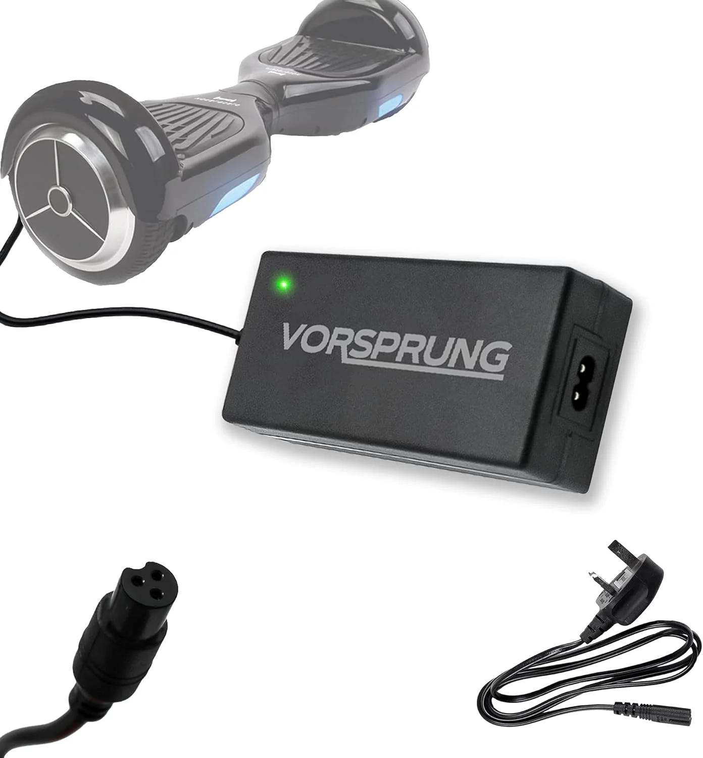 شارژر اسکوتر و هاوربرد سریع VORSPRUNG® (خود تعادل) با نشانگر LED، مناسب برای: Segway، Hausebell Bluefin Ameritoy Powerboard WeeCoo Coolreall LeRay Fiturbo - 42 ولت 2 آمپر AC (3 پین به دوشاخه UK)