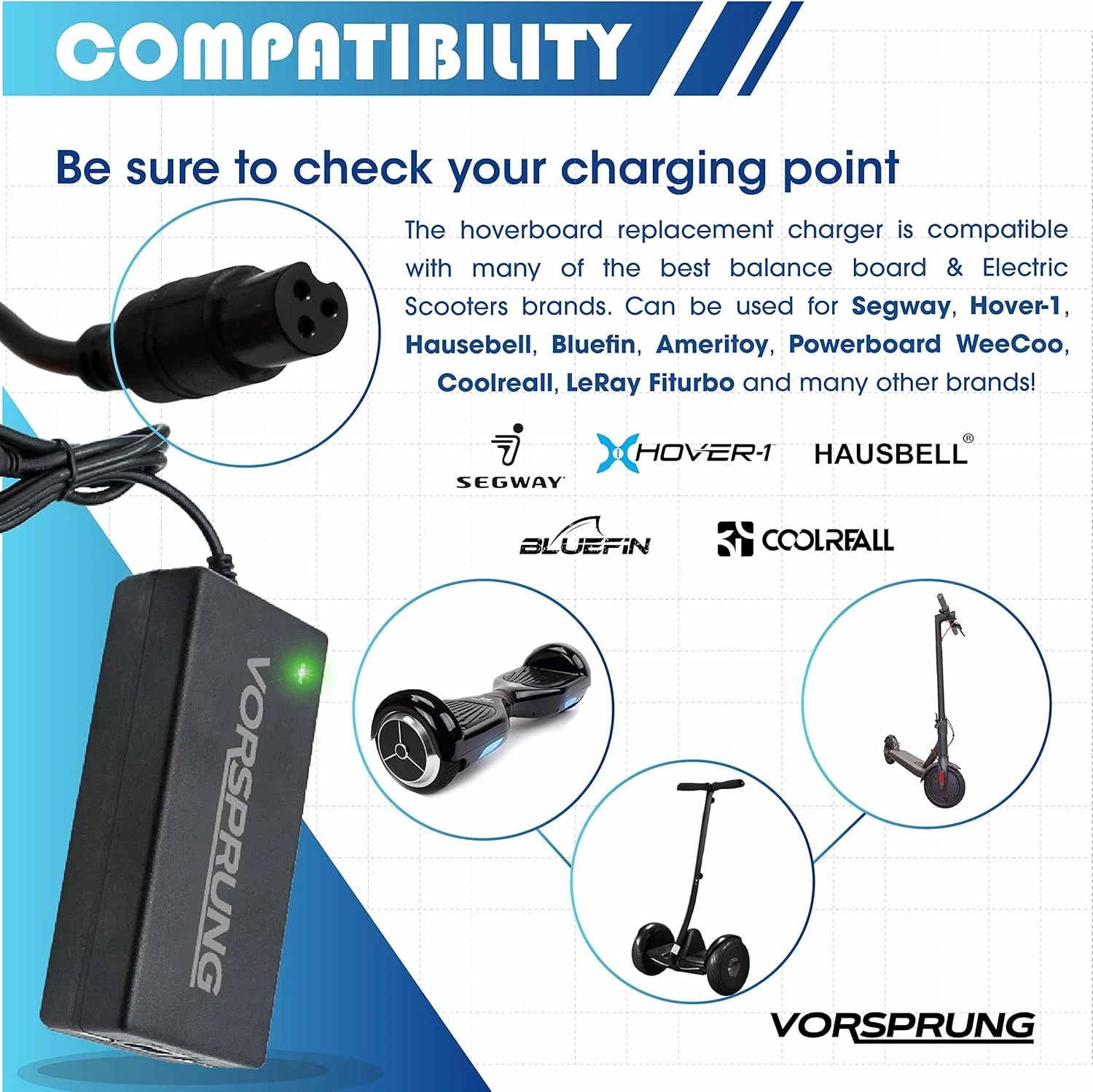 شارژر اسکوتر و هاوربرد سریع VORSPRUNG® (خود تعادل) با نشانگر LED، مناسب برای: Segway، Hausebell Bluefin Ameritoy Powerboard WeeCoo Coolreall LeRay Fiturbo - 42 ولت 2 آمپر AC (3 پین به دوشاخه UK) شارژر اسکوتر و هاوربرد سریع VORSPRUNG® (خود تعادل) با نشانگر LED، مناسب برای: Segway، Hausebell Bluefin Ameritoy Powerboard WeeCoo Coolreall LeRay Fiturbo - 42 ولت 2 آمپر AC (3 پین به دوشاخه UK)