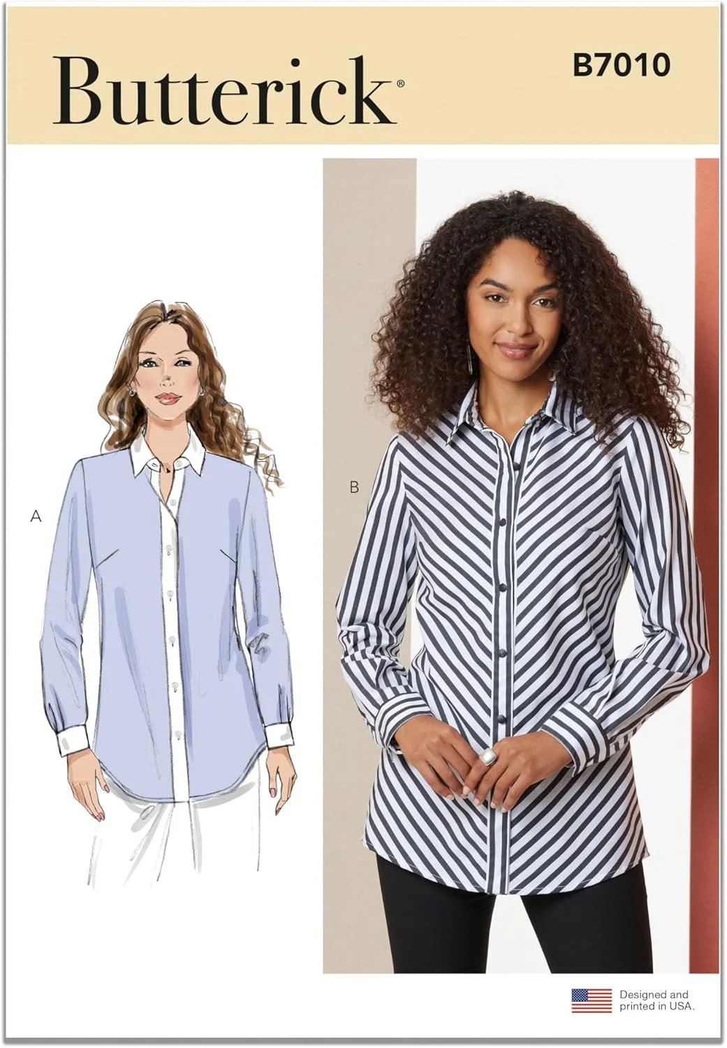 الگوی خیاطی پیراهن دکمه دار نیمه جذب زنانه Butterick B7010R5، کد طراحی B7010، سایزهای 14-16-18-20-22