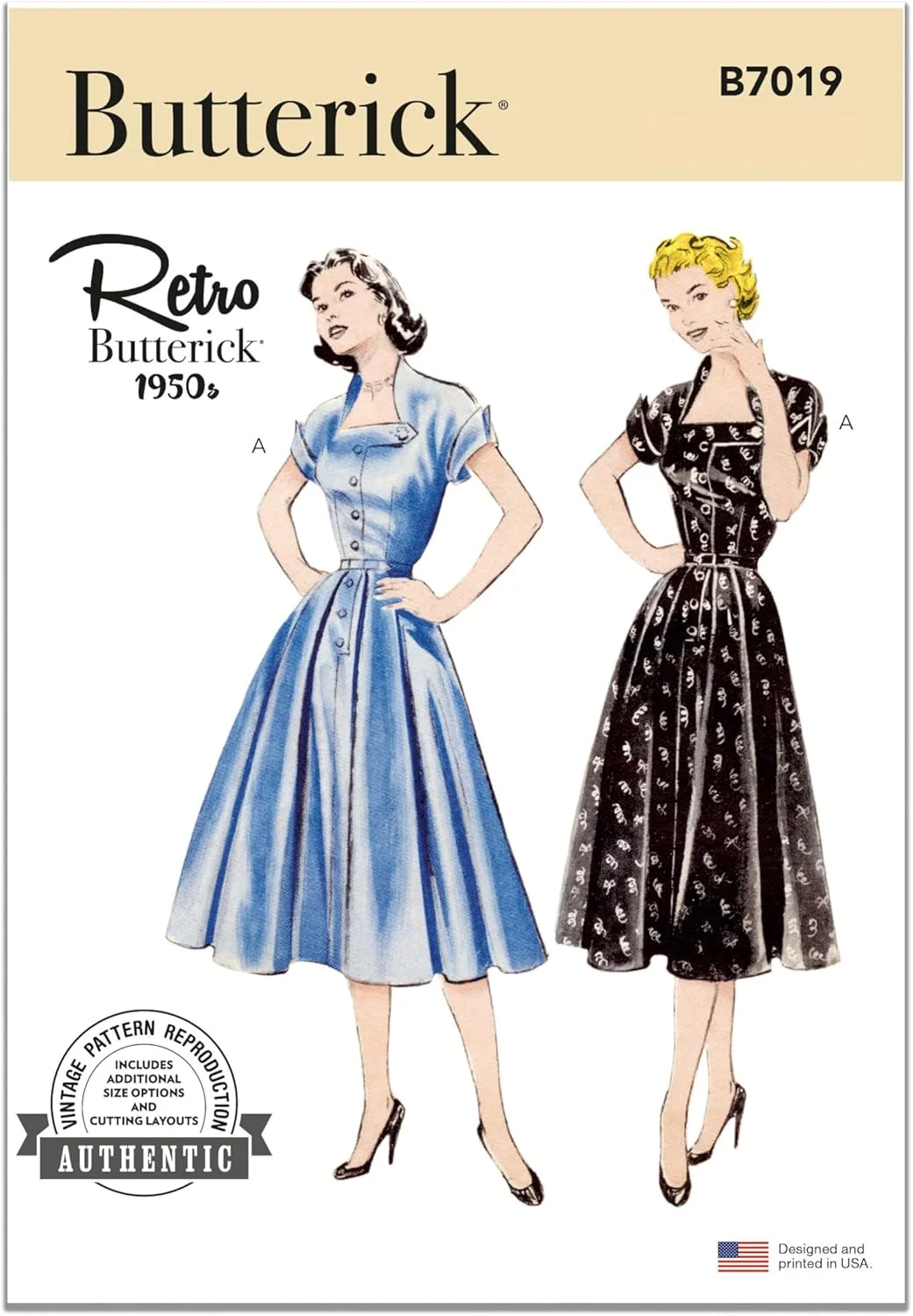 الگوی خیاطی لباس زنانه مدل Butterick B7019K5، طرح قدیمی دهه 1950، کد طراحی B7019، سایزهای 8-10-12-14-16