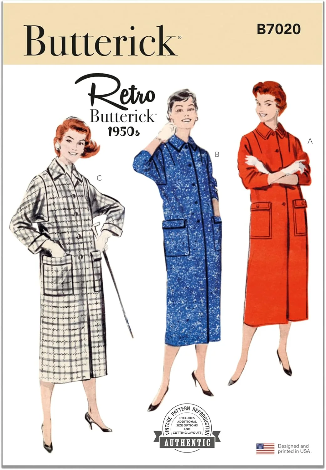 الگوی خیاطی کت جعبه‌ای زنانه Butterick B7020N5، طرح قدیمی دهه 1950، کد طراحی B7020، سایزهای 10-12-14-16-18