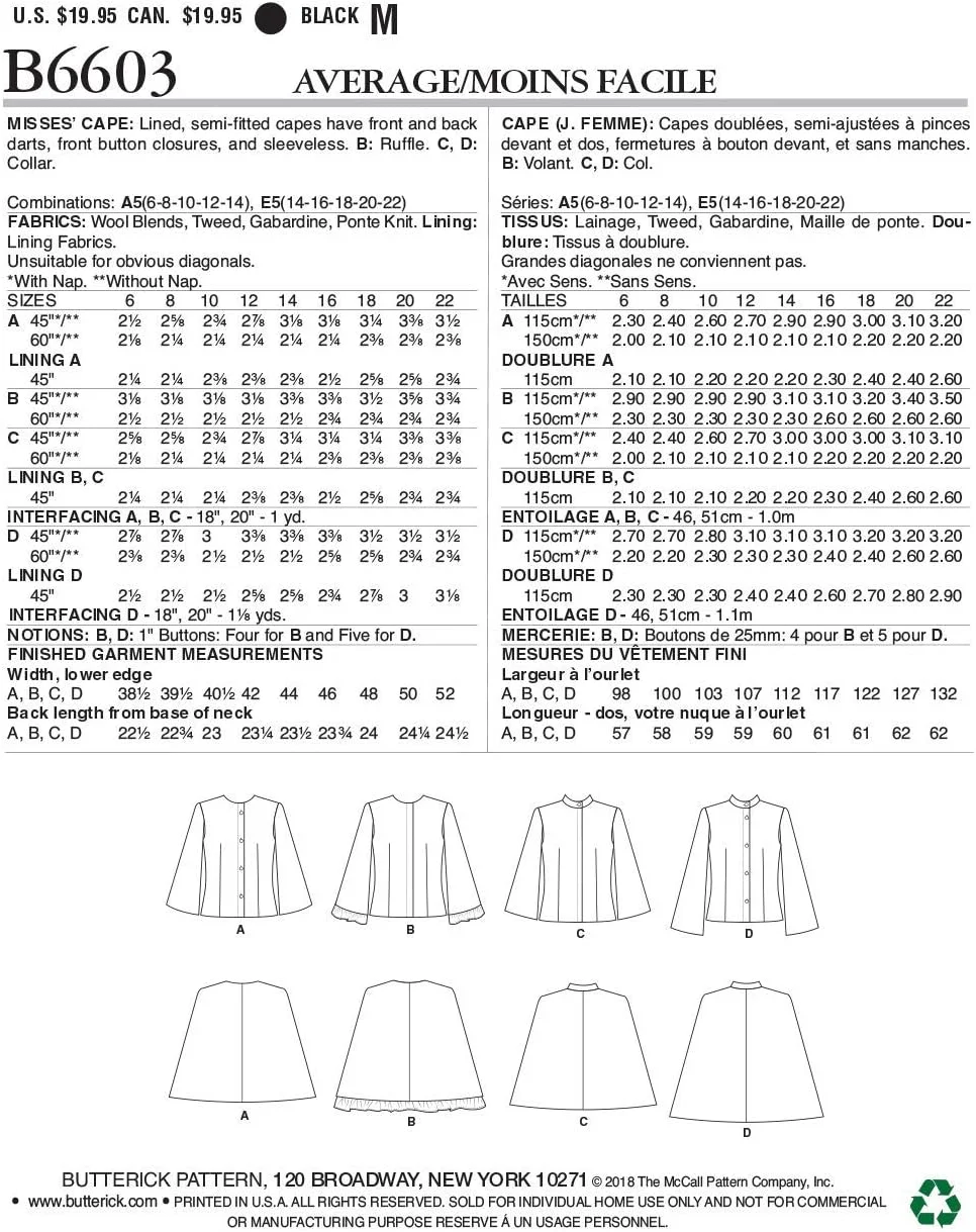 الگوی خیاطی Butterick McCall's B6603، الگو، کاغذ، سفید، 14-16-18-20-22