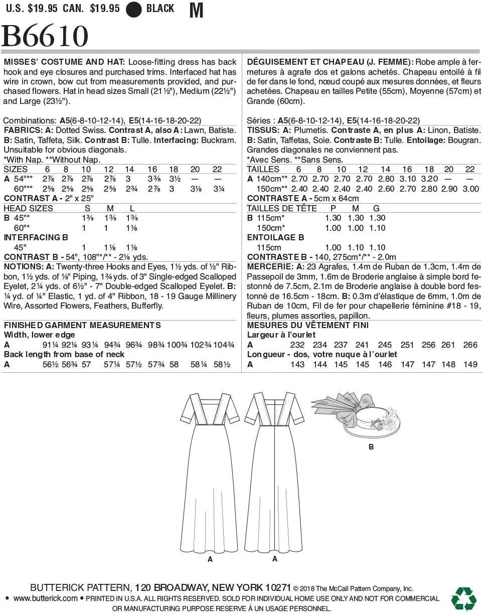 الگوهای خیاطی باتریک مک کالز BUT 6610، الگوهای B6610 E5، لباس و کلاه زنانه با طراحی Making History، سایز 14-22